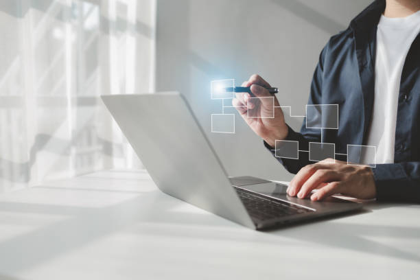 istock Person with hologram flowchart, businessman designing flowchart business workflow to systematically qualitatively, flowcharting to visualize the workflow of the program. Flowchart design concept. 1749396301
