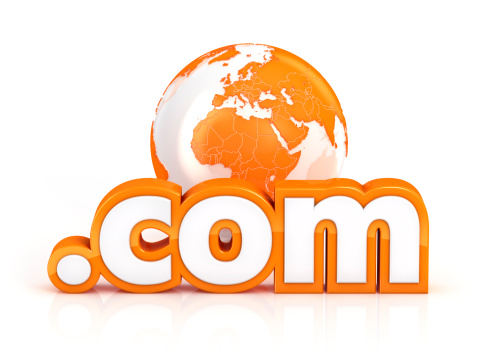 Domain .com with globe.Digitally generated 3D image. Isolated on white background.