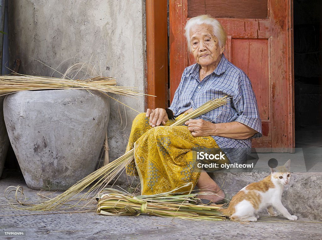 Elderly Woman Elderly lady from Bali, Indonesia sitting at the doorway with her pet cat. 80-89 Years Stock Photo