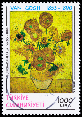 A 1990 Turkey postage stamp with a Van Gogh painting from 1888, Sunflowers in a Vase.