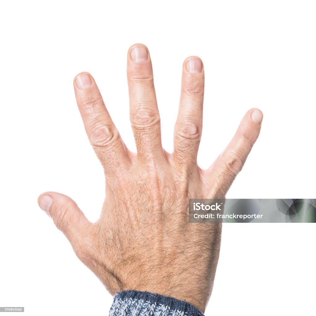 Numeber 5 gesturing on white background Adult Stock Photo