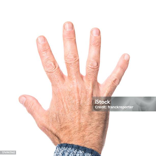 Numeber 5 Gesturing On White Background Stock Photo - Download Image Now - Adult, Adults Only, Cut Out