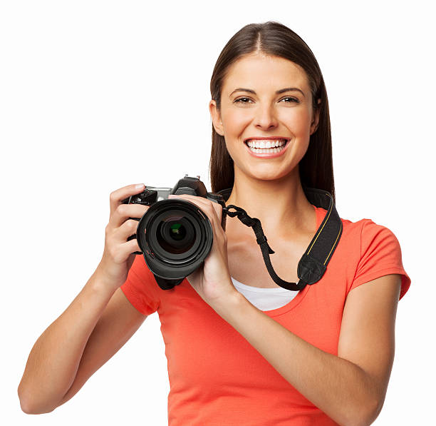 istock Happy Woman Holding a Digital SLR Camera - Isolated 174941241