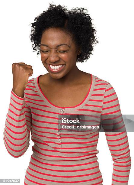 Excited Young Woman Pumping Fist Stock Photo - Download Image Now - Women, One Woman Only, White Background