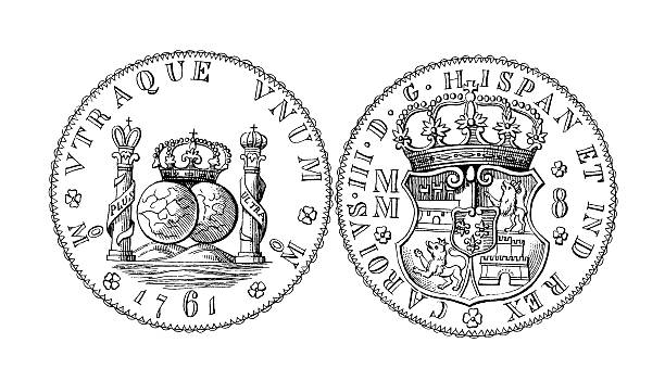 18th-century Spanish Piastre | Historic Illustrations "Antique engraving of an 18th-century Spanish piastre. Published in Systematische Bilder-Gallerie, Karlsruhe und Freiburg (1839)." piastre stock illustrations