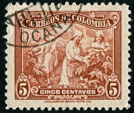 Cancelled Stamp From Colombia Featuring Women Harvesting Coffee Beans