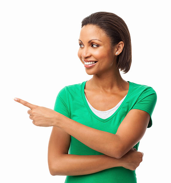 istock Beautiful Woman Pointing To Her Right - Isolated 174942836
