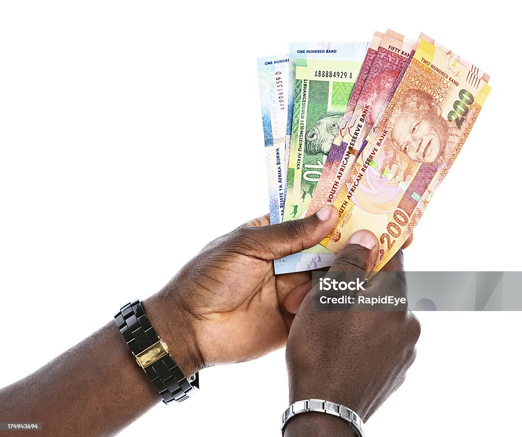 Männliche Hände halten Sie die vielseitige südafrikanische Banknoten mit Nelson Mandela - Lizenzfrei Menschliche Hand Stock-Foto