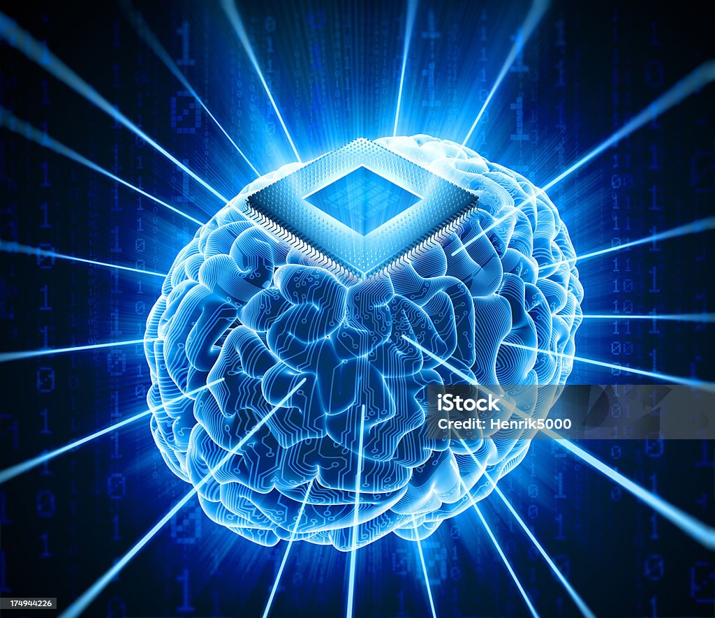 뇌의 컴퓨터 칩 이식: hi-tech 사이버 테마 - 로열티 프리 불타는 듯한 스톡 사진