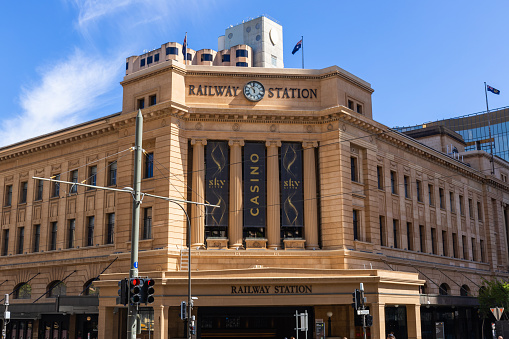 Adelaide, Australia - October 8, 2023: Exterior view of Adelaide Railway Station.