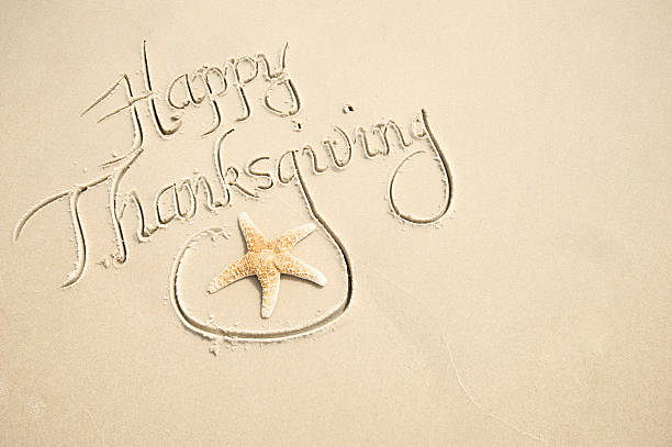 Happy Thanksgiving message handwritten in sand with decorative starfish