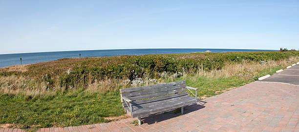 Cavendish Panorama Bench seating at Prince Edward Island National Park at Cavendish. Horizontal.-For more Maritime Canada images, click here.  CANADA'S MARITIME PROVINCES  cavendish beach at prince edward island national park canada stock pictures, royalty-free photos & images