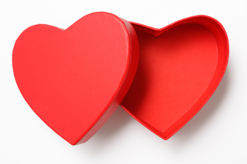 Opened red heart shape box with shadow, isolated on white background with clipping path.