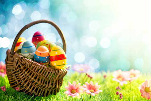 Colorful easter eggs in a basket on meadow
