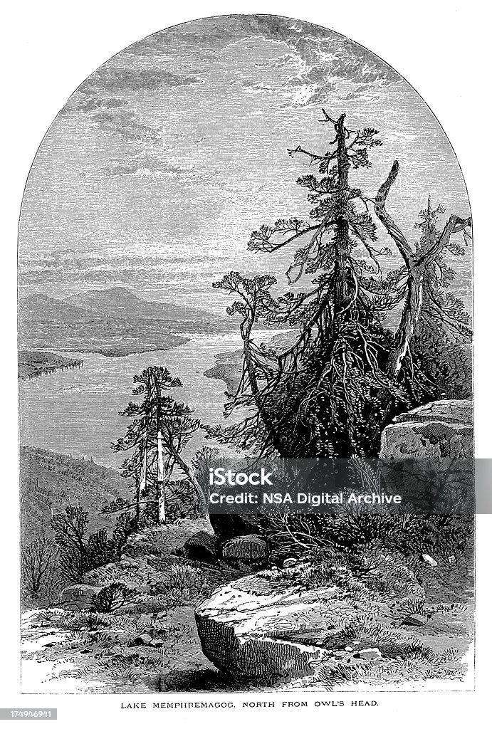 Lago Memphremagog norte da Coruja's Head, construída 1872 entalhes de madeira () - Ilustração de América do Norte royalty-free