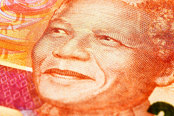 Close-up of the famous Mandela smile on South African banknote "Close-up of a new Two Hundred Rand note (the highest denomination available), part of the new South African range of banknotes, all featuring the face and unforgettable smile of iconic statesman Nelson Mandela." african currency stock pictures, royalty-free photos & images