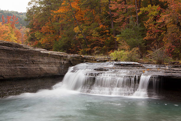 Haw Creek "Peak fall colors at the Haw Creek waterfall in Pelsor, Arkansas" landscape stream autumn forest stock pictures, royalty-free photos & images