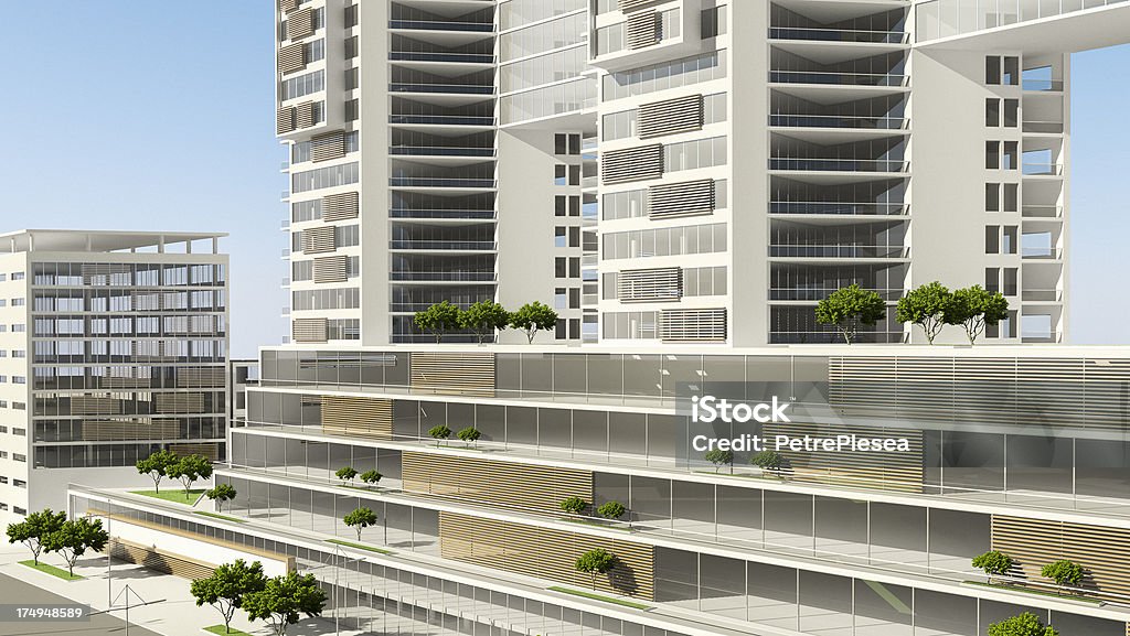 Edifício residencial e de escritório de desenvolvimento. Cidade. 3 D Render. Abstrato arquitetura. - Foto de stock de Modelo royalty-free