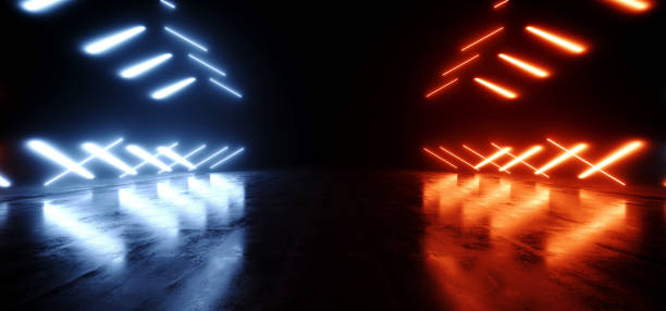 istock Sci Fi Neon Laser Blue Orange Beam Lights Glowing On Concrete Rough Glossy Floor Empty Background Alien Spaceship Warehouse Underground Tunnel Corridor 3D Rendering 1749495627