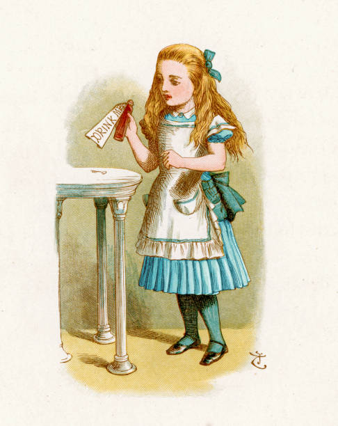 Alice in Wonderland - Drink Me "Alice with the bottle labelled Drink Me, from the Lewis Carroll Story Alice in Wonderland, Illustration by Sir John Tenniel 1871" john tenniel stock illustrations