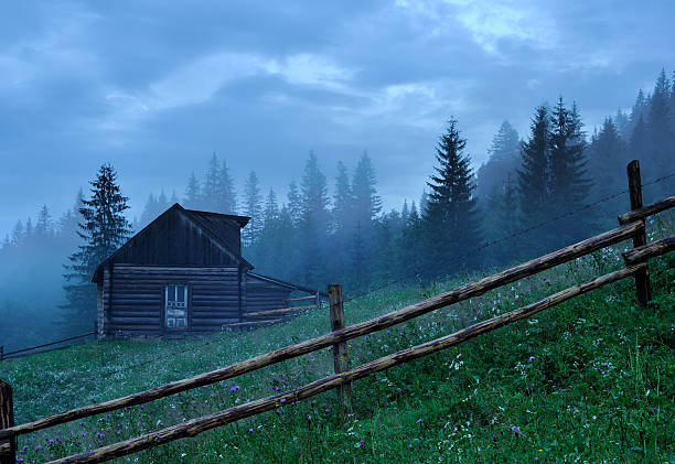 Old wooden hut in blue misty twilight stock photo