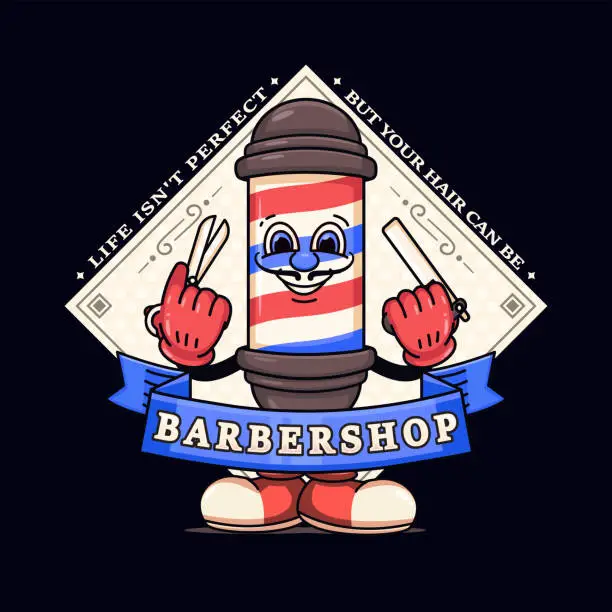 Vector illustration of Barbershop, barber pole cartoon characters holding scissors and razors. Suitable for logos, mascots, t-shirts, stickers and posters