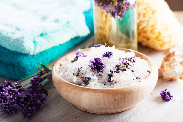 istock aromatherapy lavender bath salt oil and towels 174951965
