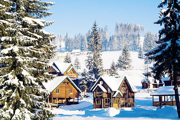 Winter village in mountains Winter village in mountains ukrainian village stock pictures, royalty-free photos & images