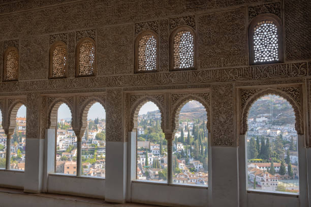 Granada, Spain - February 20, 2020: Portals of the Patio de la Acequia, La Alhambra, Granada.