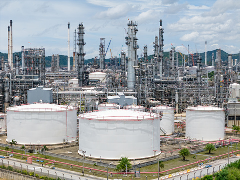 Aerial  view Industry Oil refinery oil and gas refinery  Business petrochemical industrial, Refinery oil and gas factory power and fuel energy, Ecosystem estates. Fuel refinery industry