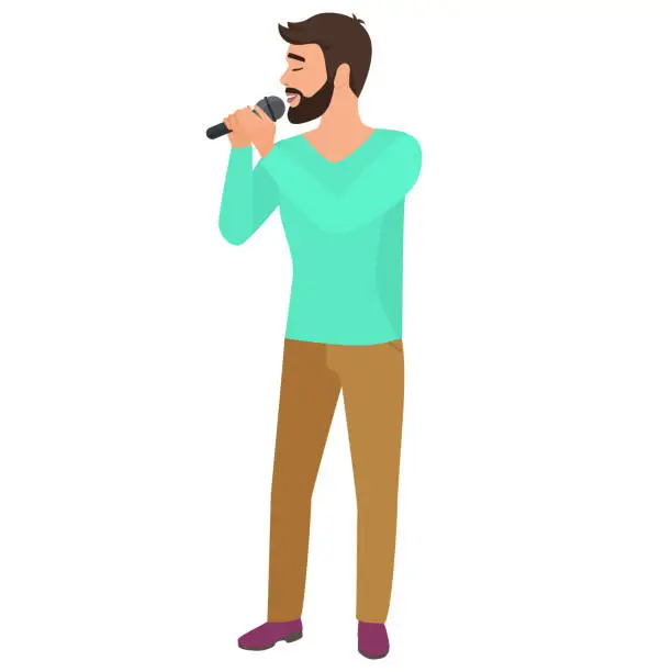 Vector illustration of Bearded man singing karaoke