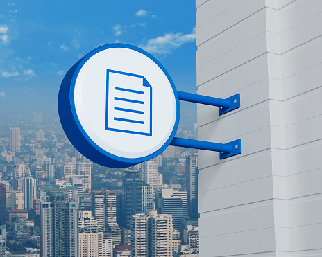 Document icon on hanging blue rounded signboard over modern city tower, office building and skyscraper, Technology internet online concept, 3D rendering