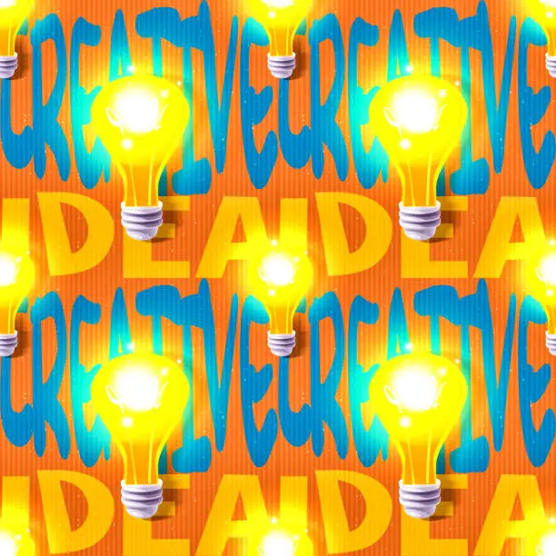 Vector illustration of Creativity and ideas concept in cartoon style. Burning light bulbs with notches on an abstract cardboard grunge background. Stylish creative vector seamless pattern.