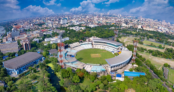 Panoramic aerial view of the Eden Gardens in Kolkata, West Bengal, India - May 25 2023