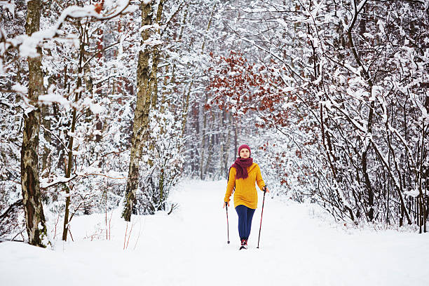 Winter nordic walking stock photo