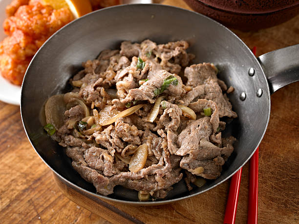 Bulgoki Cooked Bulgoki in a Pan bulgoki stock pictures, royalty-free photos & images