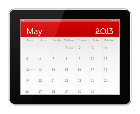May 2013 Calender on digital tablet (clipping path) isolated on white