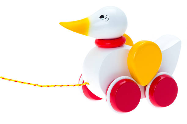A child's toy wooden duck being pulled along with string - studio shot with a white background