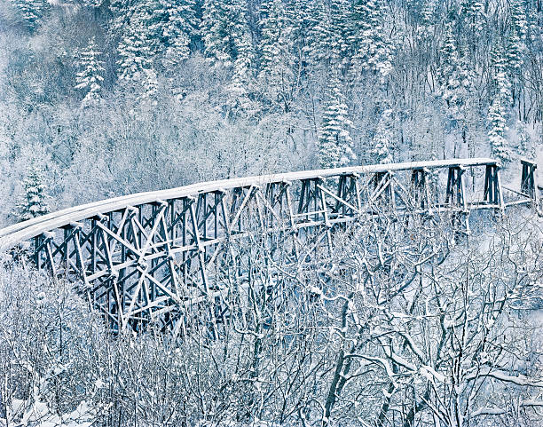the old abandoned wooden railroad trestle in Cloudcroft, NM, covered with a fresh dusting of snow