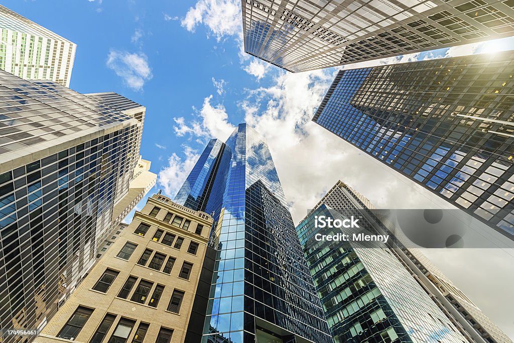 Manhattan Skyscapers Office Buildings New York "Highrise buildings in Downtown Manhattan, New York City from below. New York, USA." Low Angle View Stock Photo