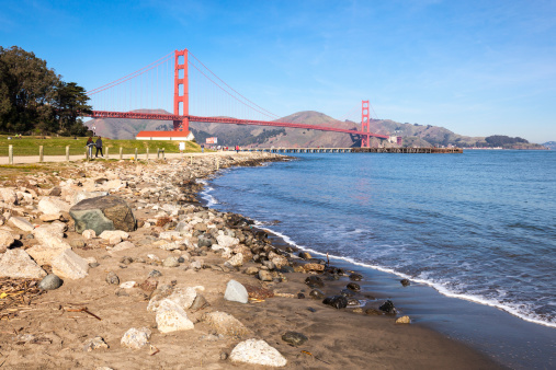 The Golden Gate Bridge on a crisp winter morning.  This photo is taken from West Beach on the eastern side of the bridge next to Fort Point.  The Marin Headlands and Fort Baker are visible on the other side of the bay.