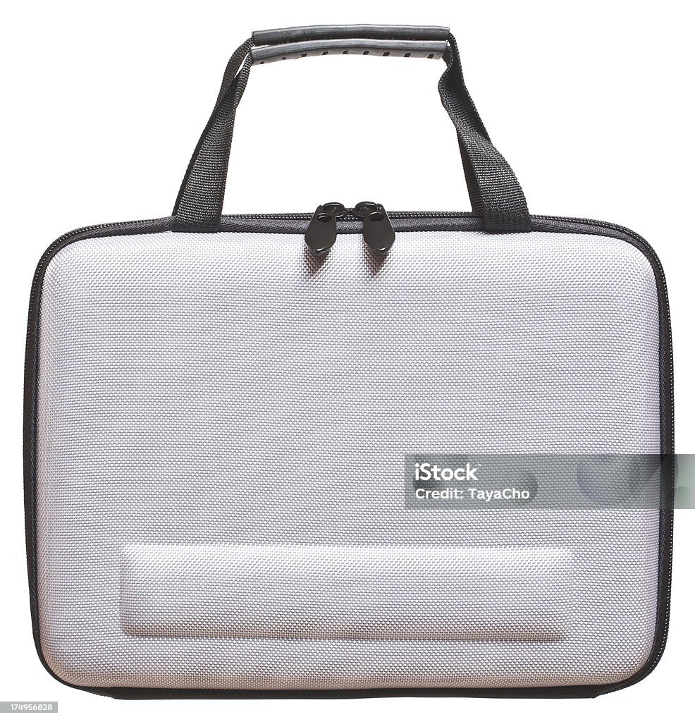 Computer carry case "Silver and black lap top, tablet and ipad type carrying case on white background." Laptop Bag Stock Photo