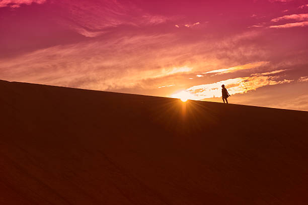 Silhouette of traveler on top of the mountain on sunset