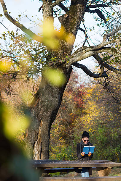 istock Young woman reading book in the park 174957134