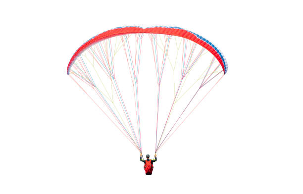 Bright colorful parachute on white background, isolated. Concept of extreme sport, taking adventure challenge.