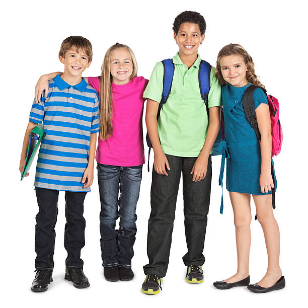 istock Happy group of four kids isolated on white background 174958021