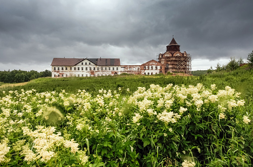 View of Holy Trinity hermitage in cloudy day. Solovetsky Islands. White Sea. Russia.