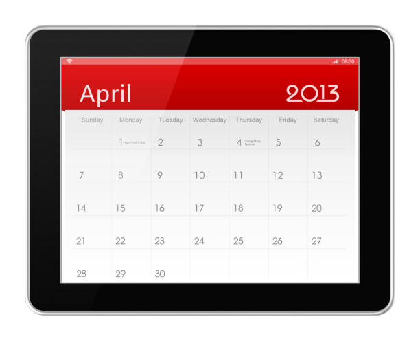 avril 2013 calendrier sur tablette numérique - calendar 2013 digital tablet note pad photos et images de collection
