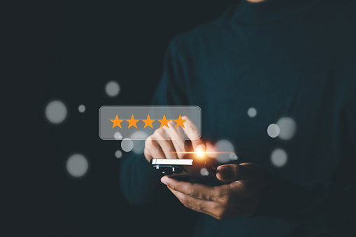 Customer services best excellent business rating experience. Satisfaction survey concept. user give rating to service experience on online application .