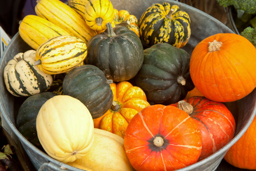 A galvanized steel tub full of a variety of squash at a farmer's market in Washington.